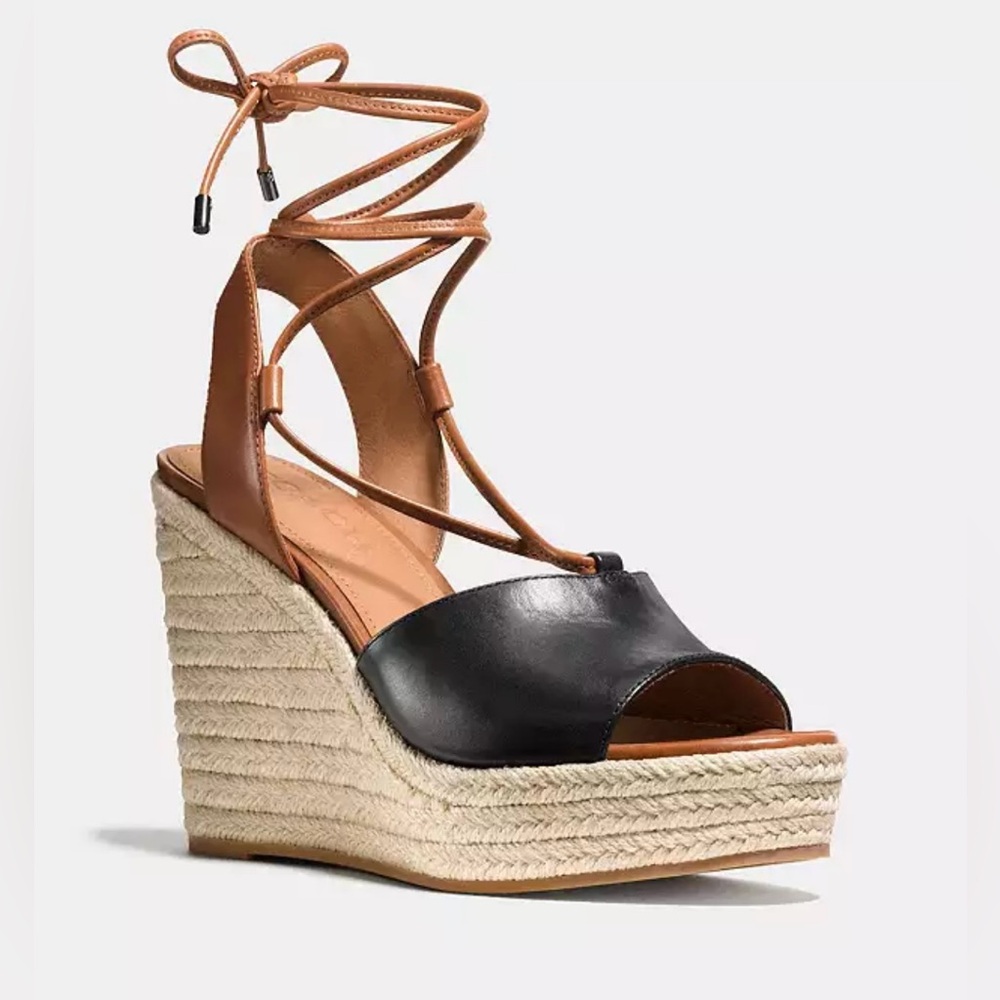 New COACH Dana Espadrille Wedge Platform Sandals Shoes 9.5 Black Saddle $225